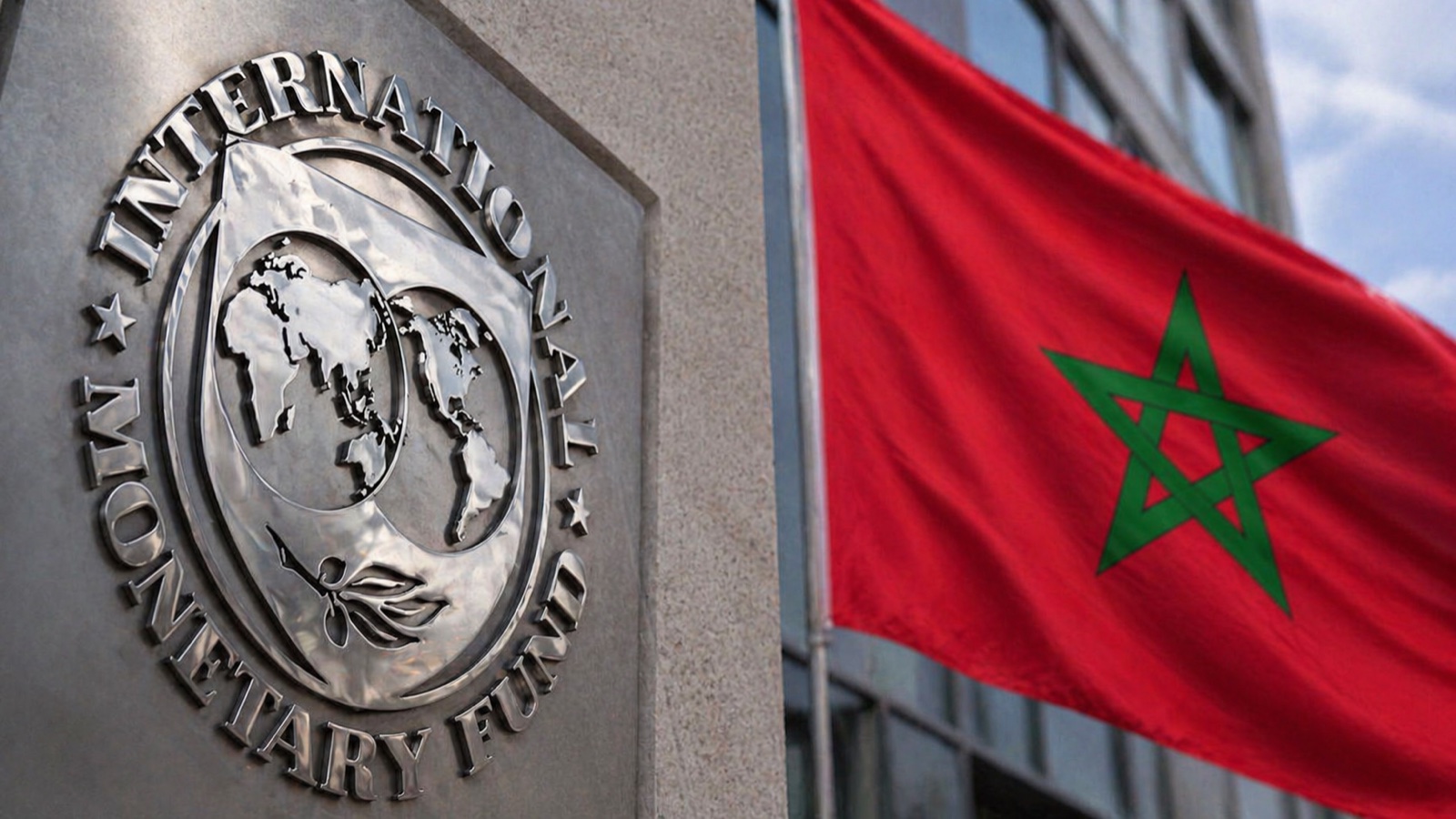 Logo du FMI à côté du drapeau marocain.